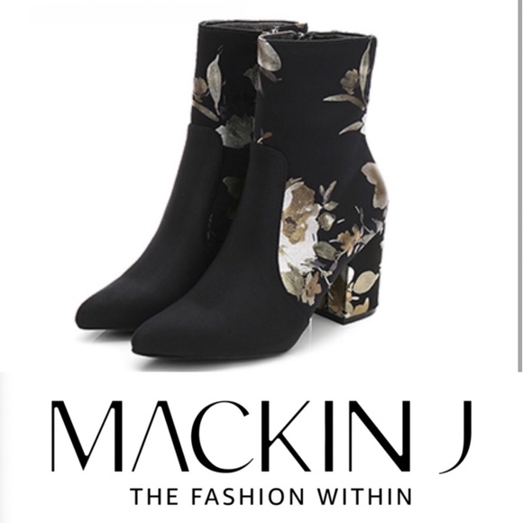 Shoes - Mackin J Black and Gold Floral Ankle Booties